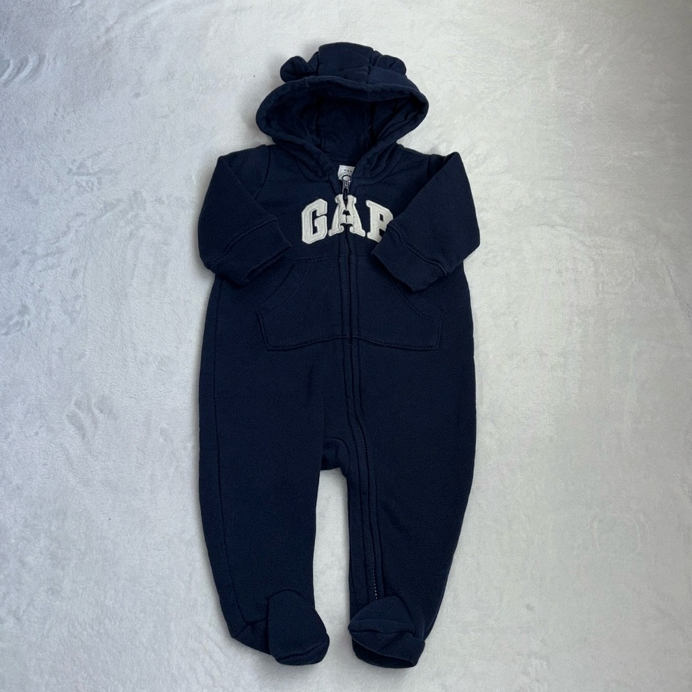 Gap navy blue hooded footie/ sleeper zip up 0-3 months